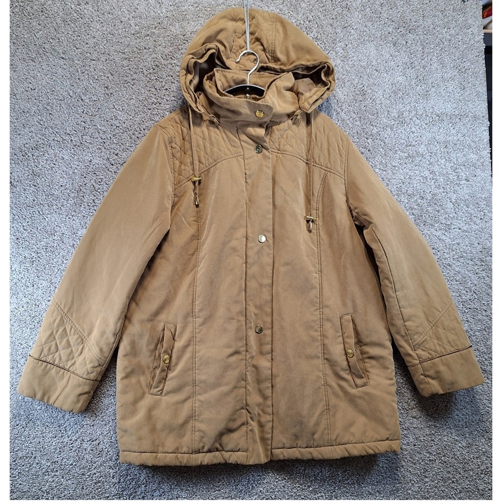 Studio Works Coat Women L Brown Quilted Zip Hooded‎ Parka Casual Everyday